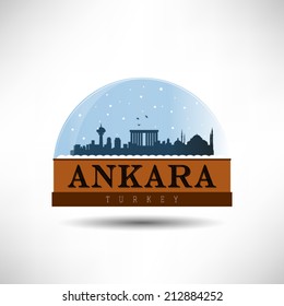  Ankara, Turkey city skyline silhouette in snow globe. Vector design.