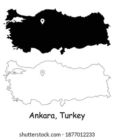 Ankara, Turkey. Detailed Country Map with Location Pin on Capital City. Black silhouette and outline maps isolated on white background. EPS Vector
