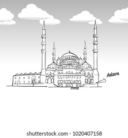 Ankara, Turkey famous landmark sketch. Lineart drawing by hand. Greeting card icon with title, vector illustration