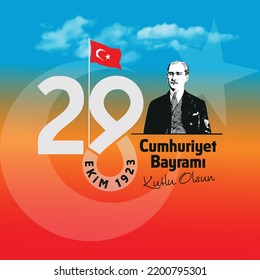 Ankara  Turkey - October 29 1923: Translation: 29 october Turkey Republic Day, happy holiday illustration (Turkish: 29 Ekim Cumhuriyet Bayrami Kutlu Olsun)