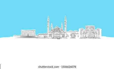 Ankara, Turkey Skyline Panorama Vector Sketch. Hand-drawn Illustration on blue background.