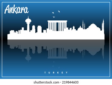 Ankara, Turkey Skyline Silhouette Vector Design On Parliament Blue Background.