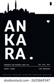 Ankara typography minimalist vector poster for event, national festival, unity day, holiday layout. Brochure, leaflet, flyer, presentation monochrome image template with text for Turkey city