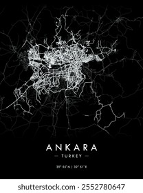 Ankara vector print map in dark theme. Detailed map of Ankara in Turkey. Best free vector illustration. Tourist decorative minimalist street map.