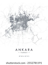 Ankara vector print map. Detailed map of Ankara in Turkey. Best free vector illustration. Tourist decorative minimalist street map.