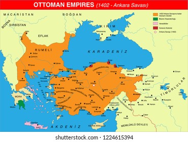 Ankara War Map, the Ottoman Empire at its greatest extent in 1402, and Turkey today. Vector illustration.