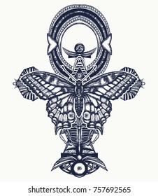 Ankh and butterfly tattoo and t-shirt design, ancient egyptian cross. Decorative ethnic style of Ancient Egypt. Symbol of eternal life, key to immortality 