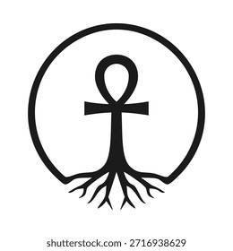 Marco de borde de raíces de círculo cruzado de Ankh. Un jeroglífico originario del Antiguo Egipto que representa la vida, la inmortalidad y la reencarnación.
