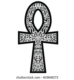 Ankh cross with floral elements in black  and white tattoo style , Middle Eastern Religious  amulet represents eternal life