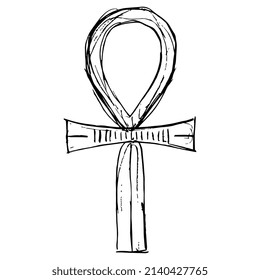 Ankh cross. Key of life. Ancient Egyptian sacred symbol. Hand drawn linear doodle rough sketch. Black silhouette on white background.