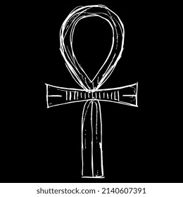 Ankh cross. Key of life. Ancient Egyptian sacred symbol. Hand drawn linear doodle rough sketch. White silhouette on black background.