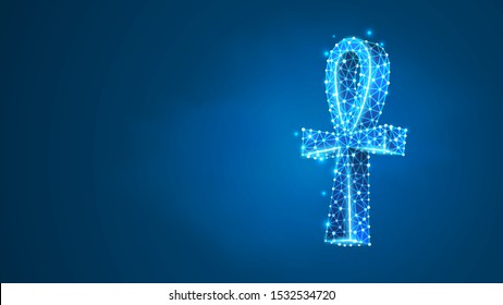 Ankh cross the symbol of Egypt. Key of life, ancient Egyptian hieroglyphic symbol. Culture, travel concept. Abstract, digital, wireframe, low poly mesh, vector blue neon 3d illustration. Line, dot