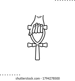 Ankh, hand holding antique Egyptian cross vector icon in outline