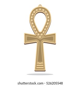 Ankh isolated on white background. Known as crux ansata, cross with handle. Ancient Egyptian hieroglyphic ideograph with meaning life. Egyptian cross icon symbol. Cartoon style. Vector illustration.