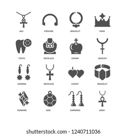 Ankh, Jewelry, Crown, Diamond, Bracelet, Anj, Tooth, Earring, Earrings, Gem, Bracelet icon 16 set EPS 10 vector format. Icons optimized for both large and small resolutions.