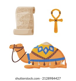 Ankh Key, Camel with Harness and Papyrus as Ancient Egyptian Symbol Vector Set