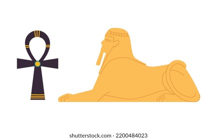 Ankh or Key of Life Ancient Egyptian Hieroglyphic Symbol and Sand Sphinx Vector Set