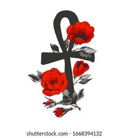 Ankh and red roses. Egypt symbol. Ancient line logo t-shirt design. Africa hand drawn vector illustration. Linear black sketch on white background.