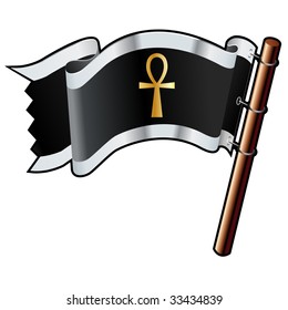 Ankh religious symbol on black, silver, and gold vector flag good for use on websites, in print, or on promotional materials