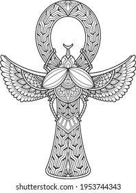 ankh and scarab beetle mandala design. coloring page, tattoo design, print design