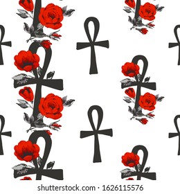 Ankh seamless pattern. Ancient Egypt symbol ornament. Line tracery design. Linear black sketch on white background. Africa hand drawn vector illustration.