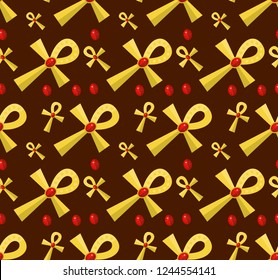 Ankh seamless pattern, endless background, ancient  gold religious symbol repeating texture. Egyptian jewelery backdrop. Vector illustration