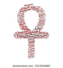 Ankh Shaped Word Cloud. Composition of Words Related to Life and Humanity. Egyptian Life Symbol. Isolated White Background.