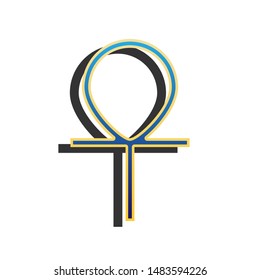 Ankh symbol, egyptian word for life, symbol of immortality. Blue icon with gold contour with dark gray shadow at white background. Illustration.