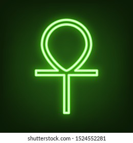 Ankh symbol, egyptian word for life, symbol of immortality. Green neon icon in the dark. Blurred lightening. Illustration.