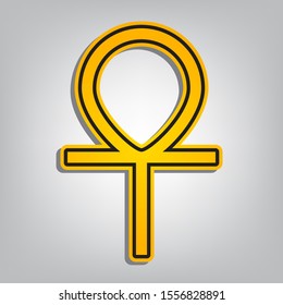 Ankh symbol, egyptian word for life, symbol of immortality. Flat orange icon with overlapping linear black icon with gray shadow at whitish background. Illustration.