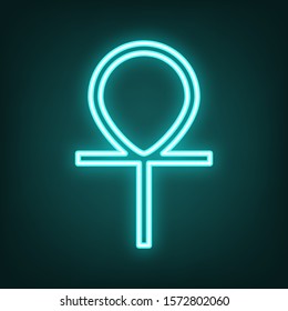 Ankh symbol, egyptian word for life, symbol of immortality. Cyan neon icon in the dark. Bluring. Luminescence. Illustration.