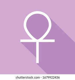 Ankh symbol, egyptian word for life, symbol of immortality. White Icon with long shadow at purple background. Illustration.