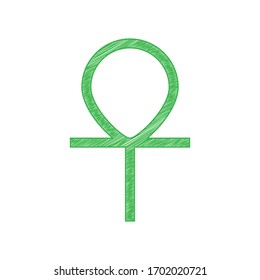 Ankh symbol, egyptian word for life, symbol of immortality. Green scribble Icon with solid contour on white background. Illustration.
