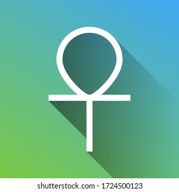 Ankh symbol, egyptian word for life, symbol of immortality. White Icon with gray dropped limitless shadow on green to blue background. Illustration.