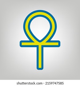 Ankh symbol, egyptian word for life, symbol of immortality. Icon in colors of Ukraine flag (yellow, blue) at gray Background. Illustration.