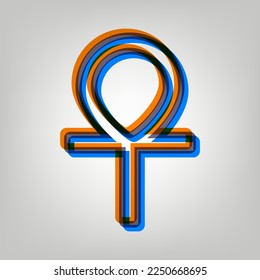Ankh symbol, egyptian word for life, symbol of immortality. Stroked Icon in orange, azure and old lavender Colors at gray Background. Illustration.