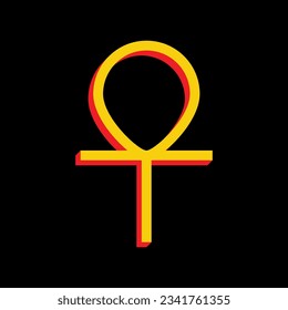 Ankh symbol, egyptian word for life, symbol of immortality. 3D Extruded Yellow Icon with Red Sides a Black background. Illustration.