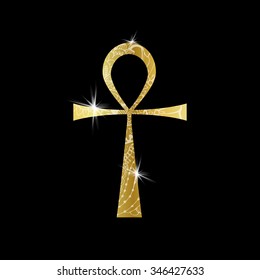 Ankh Symbol. Gold vector Egyptian Cross with ornament and lighting flare