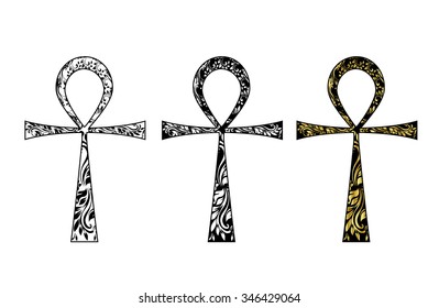 Ankh Symbol. Vector Egyptian Cross isolated on white. Black, white and gold icon set.