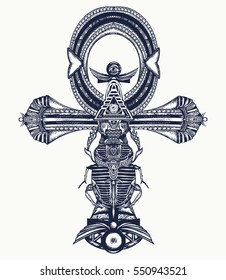 Ankh tattoo, ancient egyptian cross t-shirt design. Decorative ethnic style of Ancient Egypt. Ankh symbol of eternal life, key to immortality 