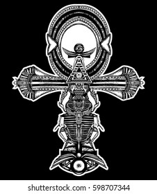 Ankh tattoo, ancient egyptian cross t-shirt design. Decorative ethnic style of Ancient Egypt. Symbol of eternal life tattoo, key to immortality 