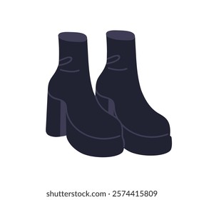 Ankle boots with chunky platform sole. Trendy modern footwear with block heel, sock style, design. Stylish fashion seasonal shoes pair for women. Flat vector illustration isolated on white background