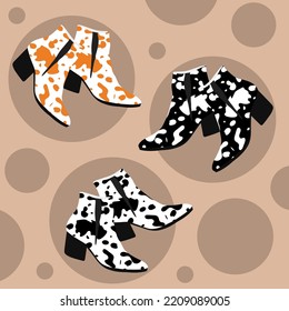 Ankle boots with cow print. Modern fashionable shoes. Classic shoes. Flat vector isolated on beige background. Women's stylish shoes.