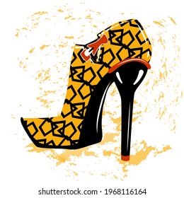 Ankle boots with heels. One. Fashionable women's yellow high-heeled ankle boots with a stylized black pattern. Back view. Hand drawn colored sketch, stylized.