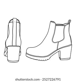 Ankle Boots for women Casual Cut Out Slip On Low Heel Short Perforated Side V Cut Line art, Technical sketch hand drawing outline vector doodle illustration side and rear view isolated on white 