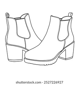 Botas de tornozelo para mulheres Casual Cut Out Slip On Low Heel Short perfurado Lado V Cut Line art, esboço técnico desenho à mão esboço vetor doodle ilustração vista lateral isolada no branco 