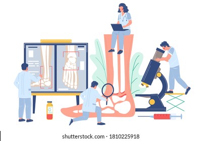 Ankle And Foot Arthritis. Tiny Doctor Characters Examining Human Foot Joints Using Microscope, Magnifier, Xray Pictures, Flat Vector Illustration. Osteoarthritis, Rheumatoid Arthritis, Joint Disease.