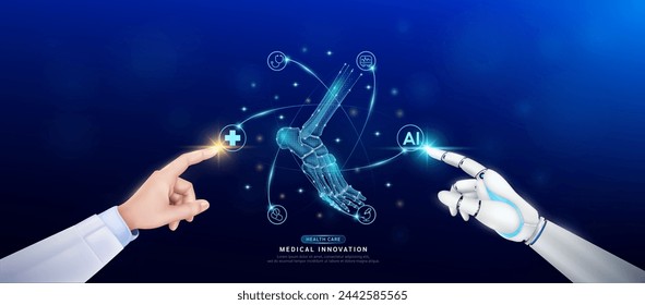 Ankle joint bone in atom. Doctor and robot finger touching icon AI cross symbol. Health care too artificial intelligence cyborg or technology innovation science medical futuristic. Banner vector.