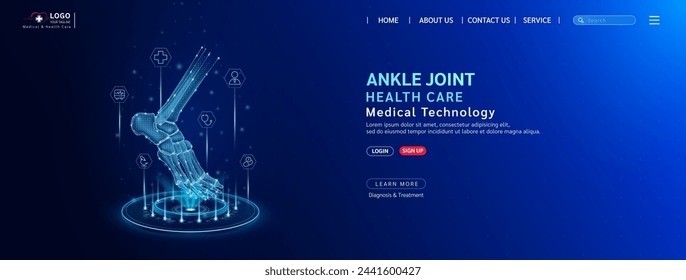 Ankle joint bone health care. Diagnose disease with technology artificial intelligence. Medical website template layout design. Banner for medical ads. Science medicine business. Vector.