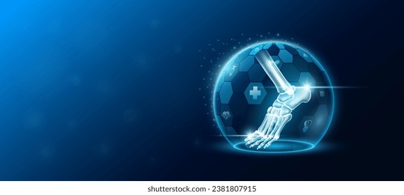 Ankle joint bone human organ inside transparent dome shield protection futuristic with medical icon. Technology innovation health care. Empty space for text. Medical science ads website banner. Vector